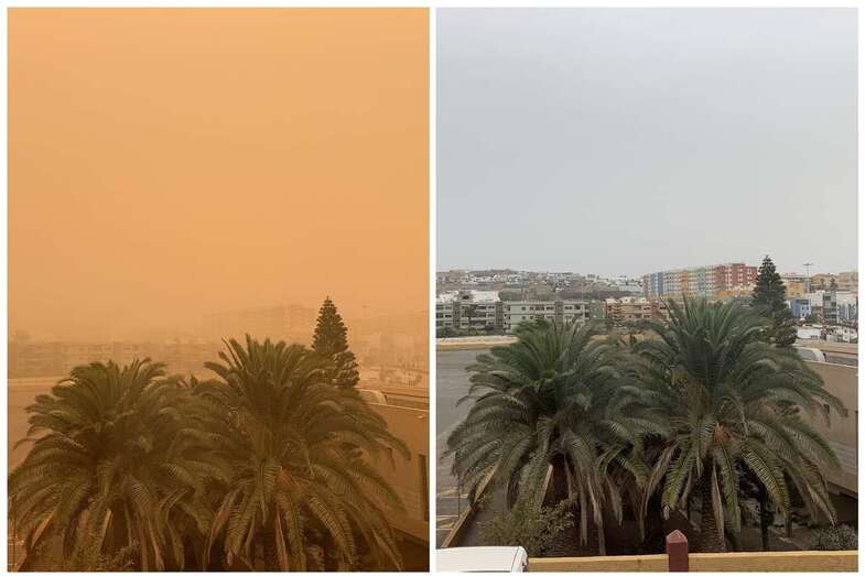Dos imágenes de Melenara captadas de un mismo lugar de Clavellinas, el domingo con calima y hoy con restos de ella (Foto TA)